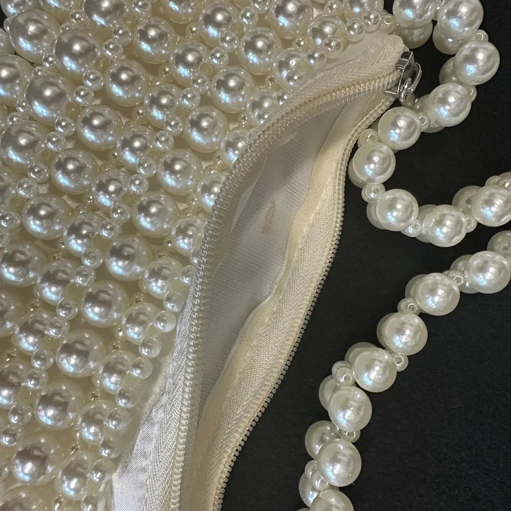 Vintage Style Ivory Faux Pearl Beaded Baguette Shoulder Bag Evening Purse